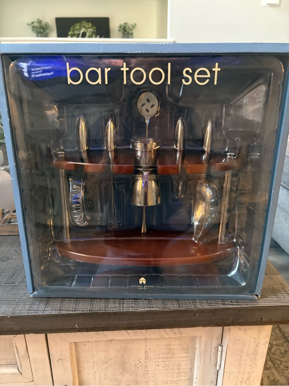 Michael Graves Bar Tool Set in Silver and Brown Wood Stand